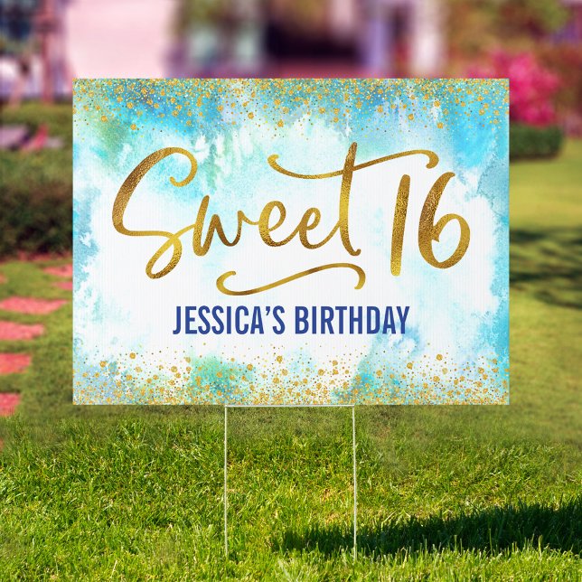 Turquoise Gold Sweet 16 Watercolor Girly Birthday Sign (Creator Uploaded)