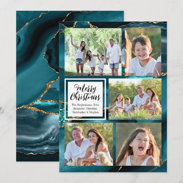 Turquoise Gold Swirl Agate 5-Photo Merry Christmas Invitation (Front/Back)