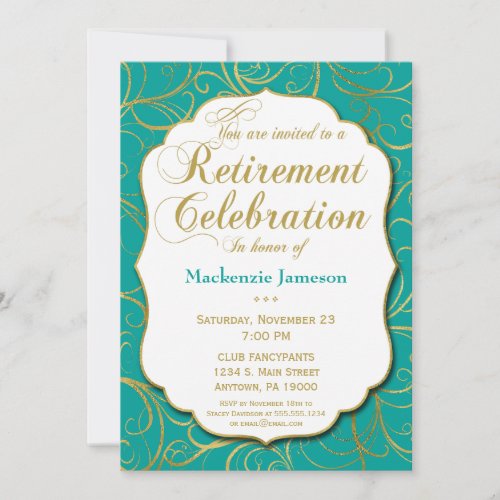 Turquoise Gold Swirl Retirement Invitation Elegant