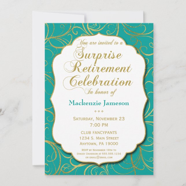 Turquoise Gold Swirl Surprise Retirement Invite (Front)