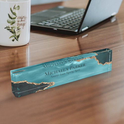 Turquoise Gold Teal Blue Agate Geode Elegant  Desk Name Plate