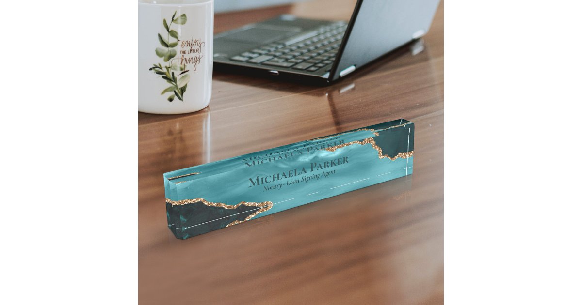 Turquoise Gold Teal Blue Agate Geode Elegant Desk Name Plate | Zazzle