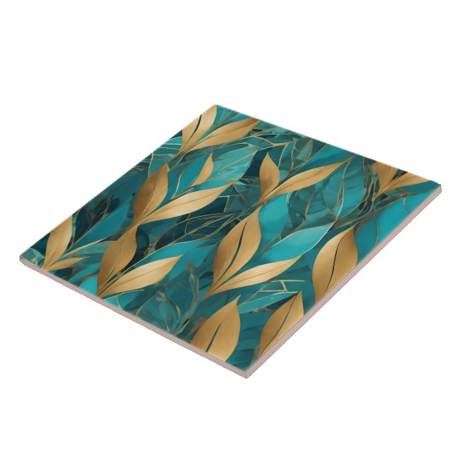Turquoise Gold Trendy Boho Leaves Collection Ceramic Tile (Side)