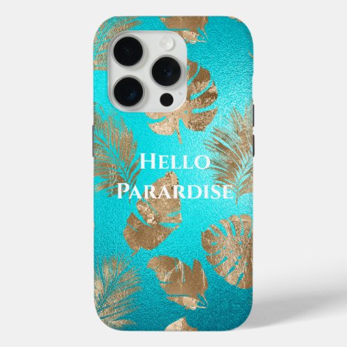 Turquoise Gold Tropical Leaves iPhone 15 Pro Case