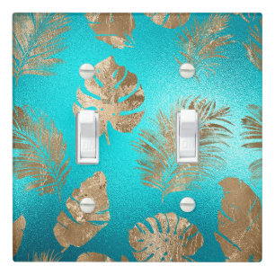 Turquoise Gold Tropical Leaves Light Switch Cover