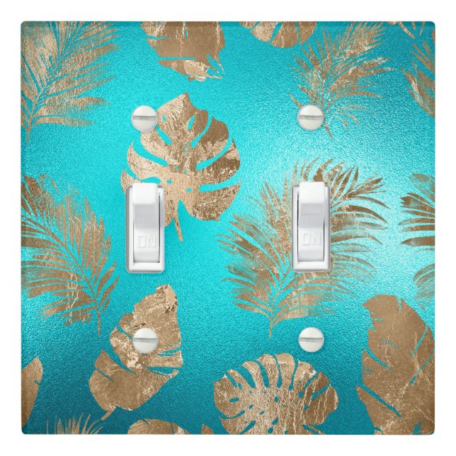 Turquoise Gold Tropical Leaves Light Switch Cover (In Situ)