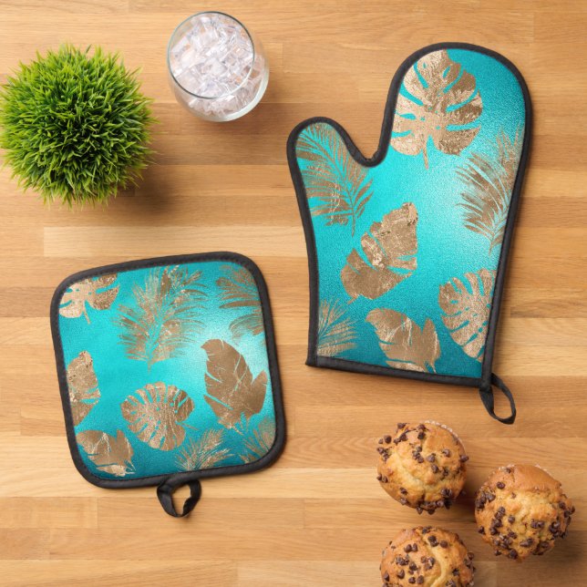 Turquoise Gold Tropical Leaves Oven Mitt & Pot Holder Set (Top Down)