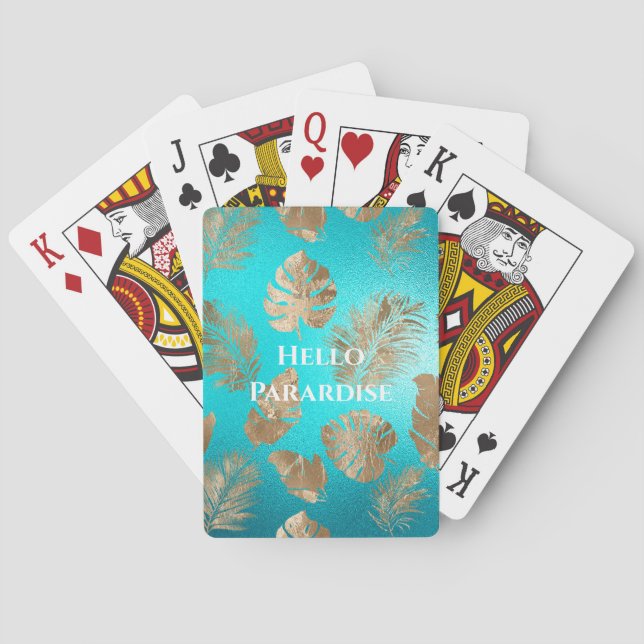 Turquoise Gold Tropical Leaves Poker Cards (Back)