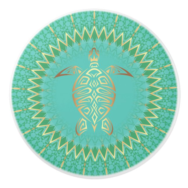 Turquoise Gold Turtle Animal Mandala Nautical Ceramic Knob (Front)