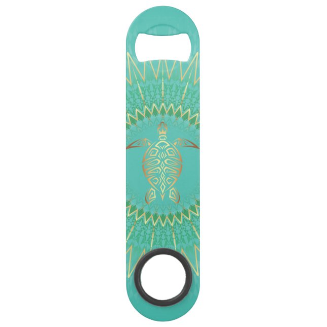 Turquoise  Gold Turtle Tribal Animal Mandala Bar Key (Front)