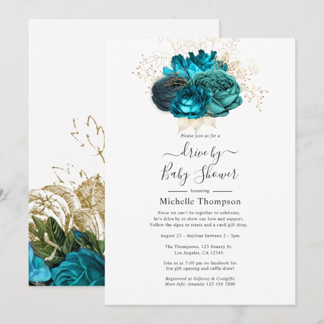 Turquoise & Gold Vintage Shabby Drive By Shower Invitation (Front/Back)