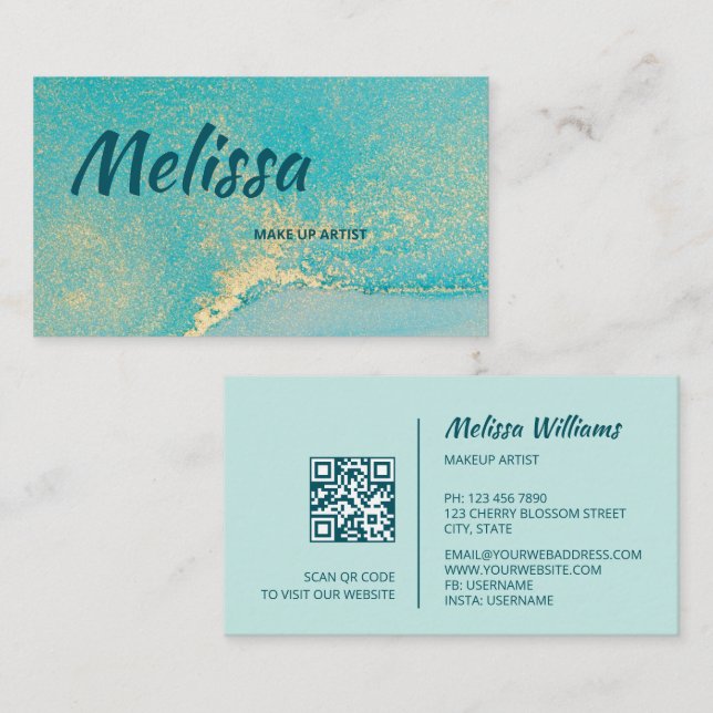 Turquoise Gold Watercolor | QR Code Business Card (Front/Back)