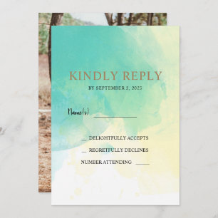 Turquoise gold watercolor RSVP photo wedding card
