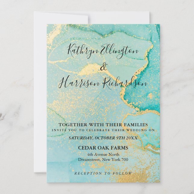 Turquoise Gold Watercolor Wedding Invitation (Front)