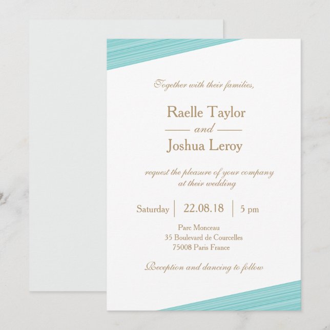 Turquoise gold white gray subtle stripes wedding invitation (Front/Back)