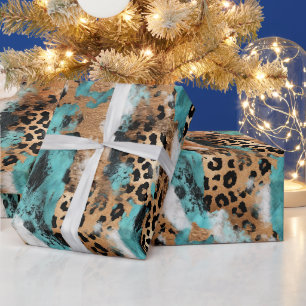 Turquoise Gold White Leopard Wrapping Paper