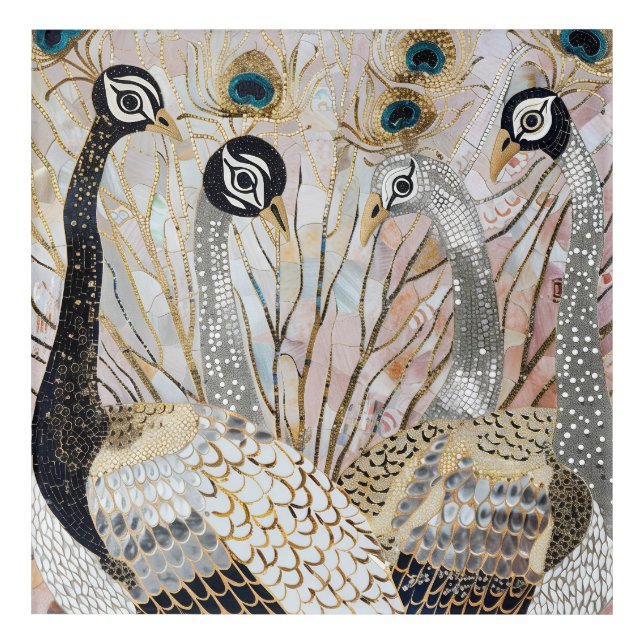 Turquoise Gold White Peacocks Acrylic Print (Front)