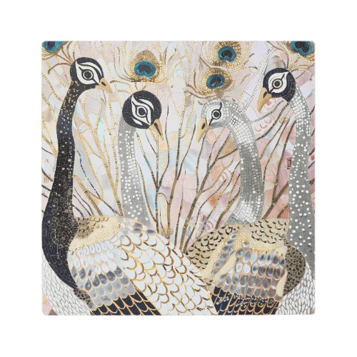 Turquoise Gold White Peacocks Metal Print