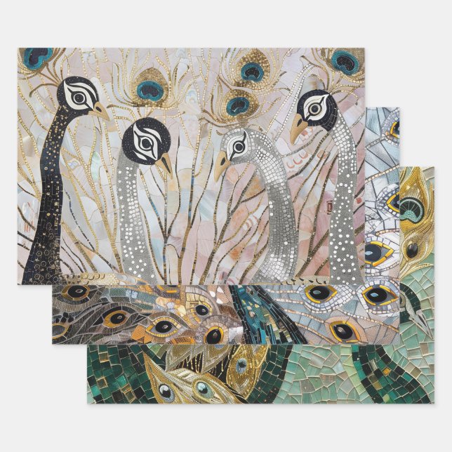 Turquoise Gold White Peacocks Wrapping Paper Sheets (Set)