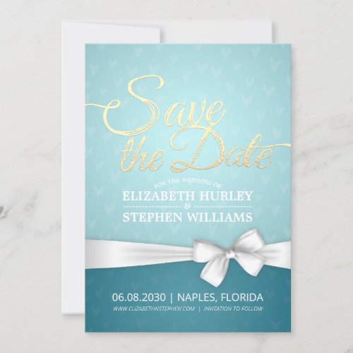 Turquoise Gold  White Ribbon Script Save The Date