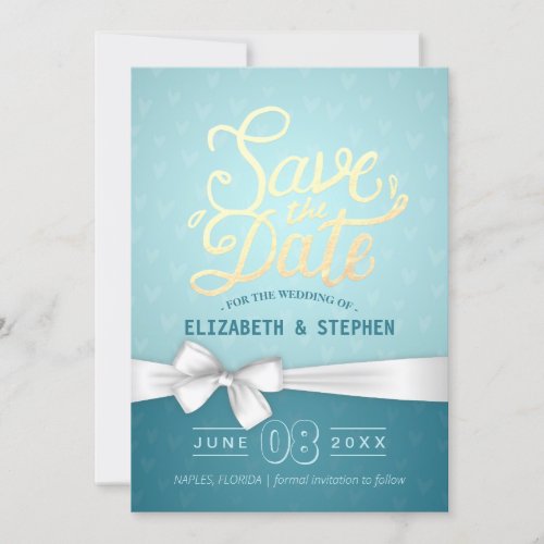 Turquoise Gold  White Ribbon Script Save The Date