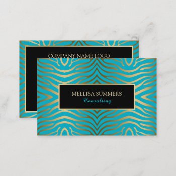 Turquoise & Gold Zebra Stripes Business Card by artOnWear at Zazzle