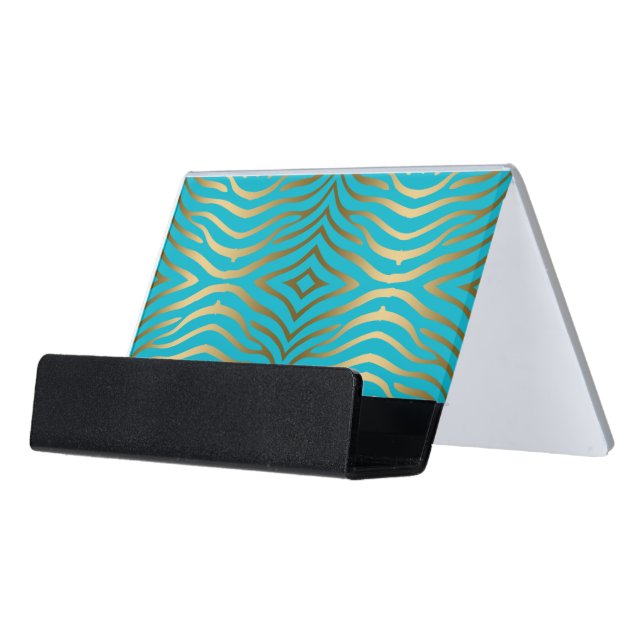 Turquoise & Gold Zebra Stripes Print Desk Business Card Holder (Angled Front)