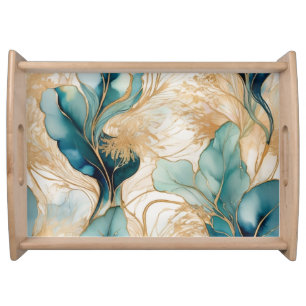 Turquoise Golden Alcohol Ink Abstract  Serving Tray