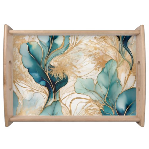 Turquoise Golden Alcohol Ink Abstract  Serving Tray