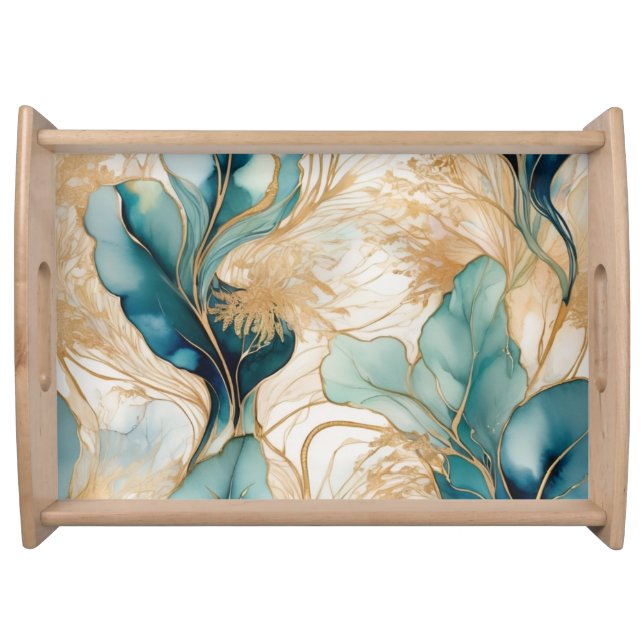 Turquoise Golden Alcohol Ink Abstract  Serving Tray (Front)