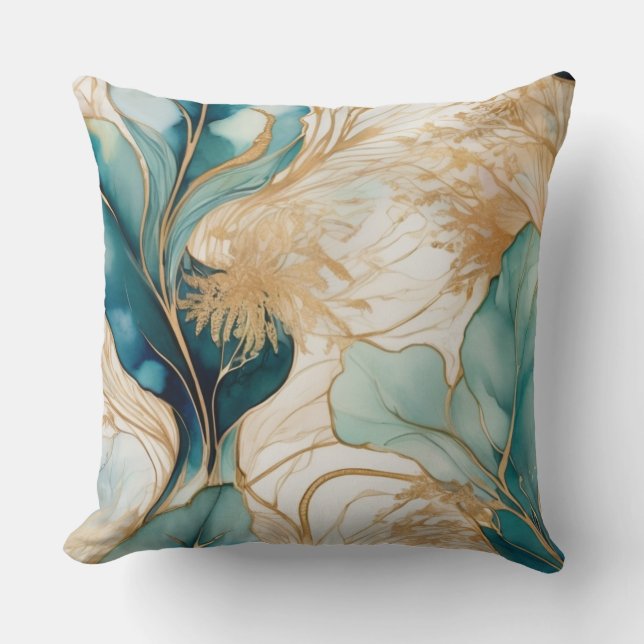 Turquoise & Golden Alcohol Ink Abstract  Throw Pillow (Front)