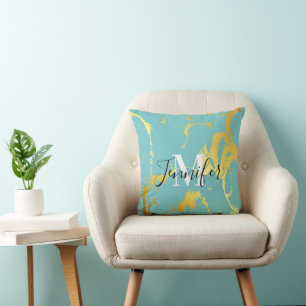 Turquoise Golden Foil Throw Pillow