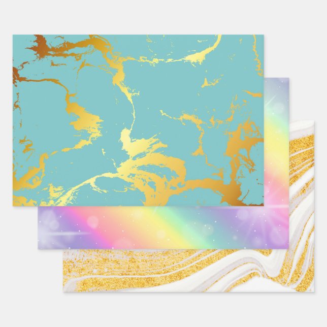 Turquoise Golden Foil Wrapping Paper Sheets (Set)