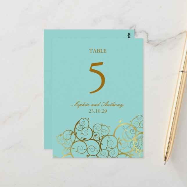Turquoise & Golden Spirals Wedding Table Number (Front/Back In Situ)