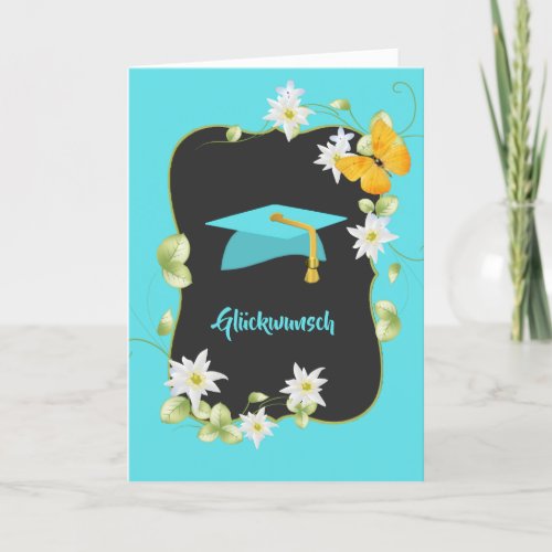 Turquoise Grad Hat and Edelweiss German Graduation Card