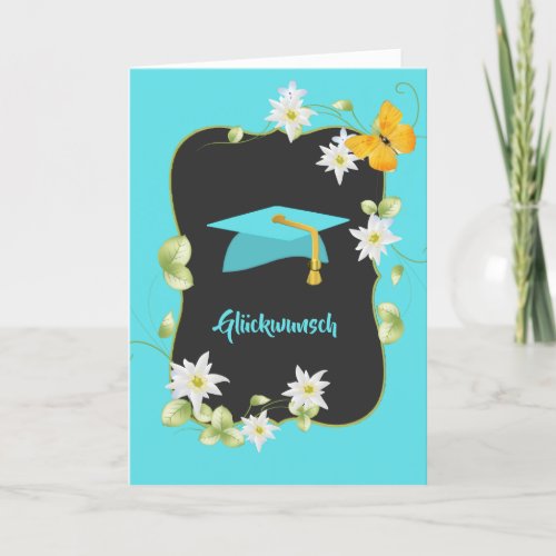 Turquoise Grad Hat and Edelweiss German Graduation Card