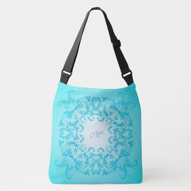 Turquoise gradient baroque texture. monogram crossbody bag (Front)