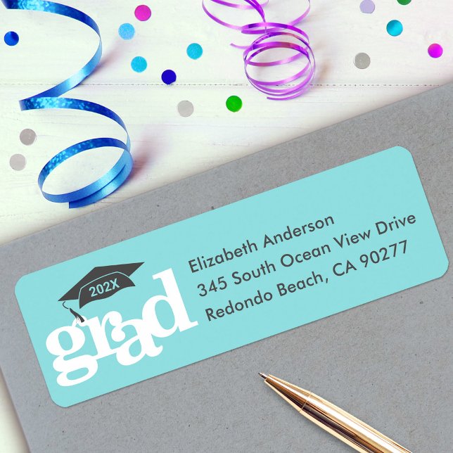 Turquoise Graduation Bold Type Gray Cap Address Label (Creator Uploaded)