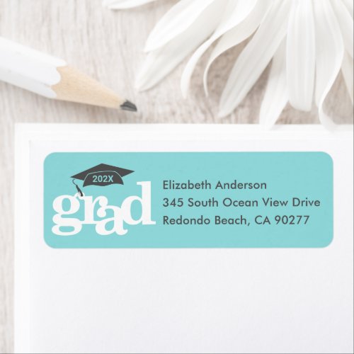 Turquoise Graduation Modern Type Gray Cap Address Label