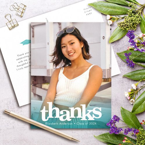 Turquoise graduation photo bold type thank you postcard