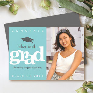 Turquoise graduation photo gray cap modern bold announcement