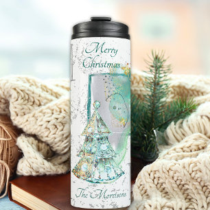 Turquoise & Gray 5 Photo Collage Christmas Tree Thermal Tumbler