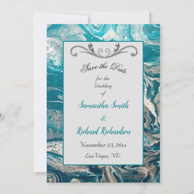Turquoise Gray Abstract Save the Date (Front)