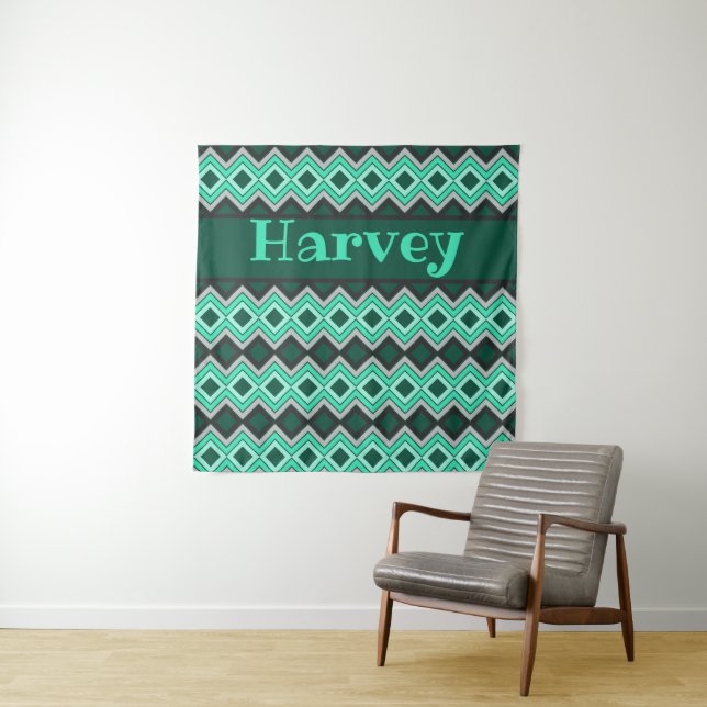 Turquoise Gray and Black Tapestry (In Situ)
