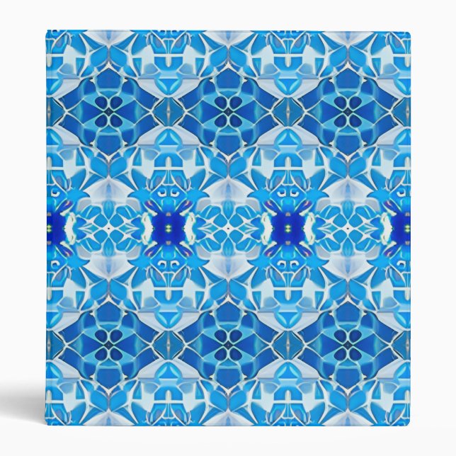 Turquoise, Gray and Cobalt Blue Tile Pattern 3 Ring Binder (Front)