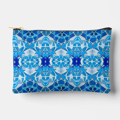 Turquoise Gray and Cobalt Blue Tile Pattern Accessory Pouch