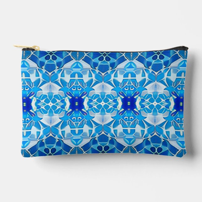 Turquoise, Gray and Cobalt Blue Tile Pattern Accessory Pouch (Front)