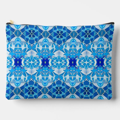 Turquoise Gray and Cobalt Blue Tile Pattern Accessory Pouch