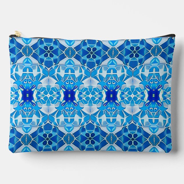 Turquoise, Gray and Cobalt Blue Tile Pattern Accessory Pouch (Front)