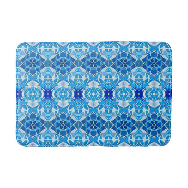 Turquoise, Gray and Cobalt Blue Tile Pattern Bath Mat (Front)
